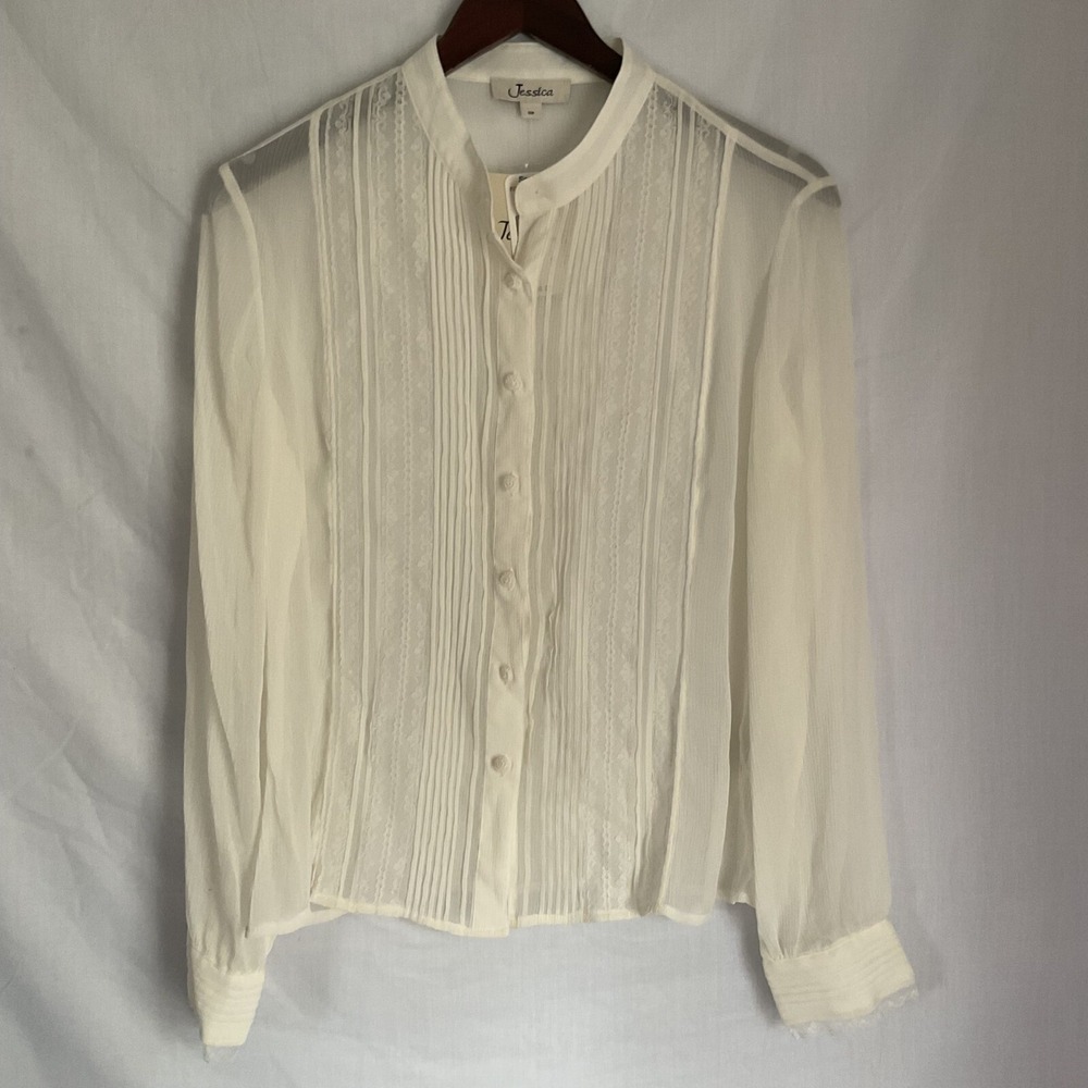 Jessica Vintage Blouse Sheer Lace Trim Long Sleeve Top White 10 Petite button up